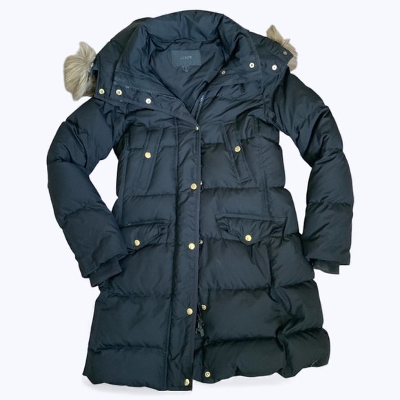 J Crew Down Filled Hooded Puffer Coat Jacket Faux Fur Trim Black SZ S - Picture 7 of 16